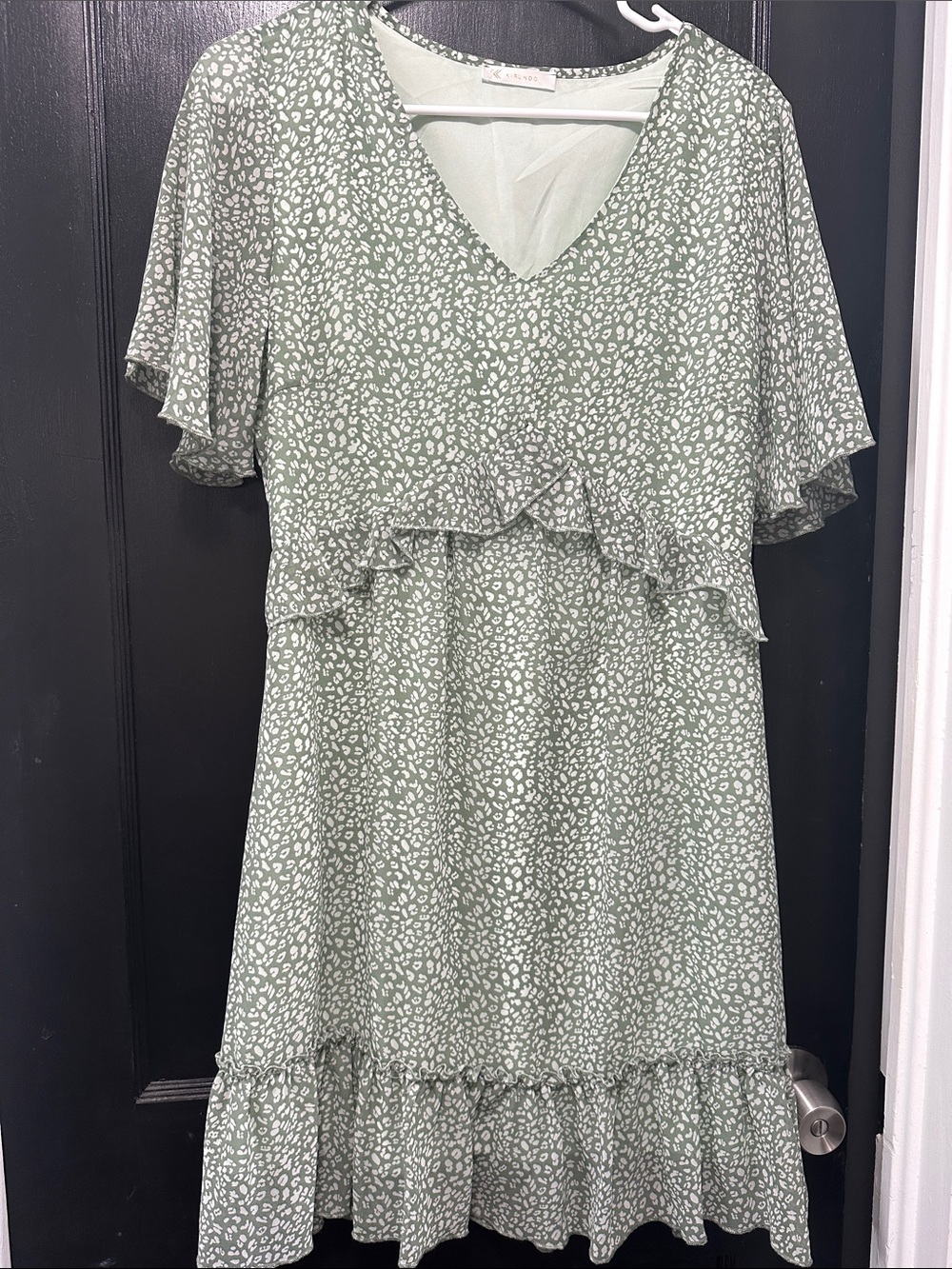 Sage Green Floral Ruffle V-Neck Dress